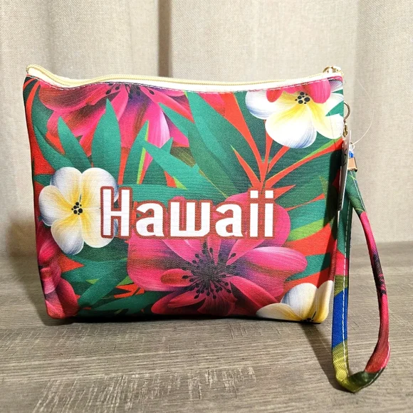 Hawaii Large Wristlet Pouch Hibiscus Tropical Clutch Beach Bag Cosmetic - Picture 1 of 5